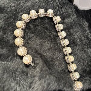 7mm Akoya Pearl Sterling Silver 925 Caviar Beaded Bezel Hinged Bracelet - 7
